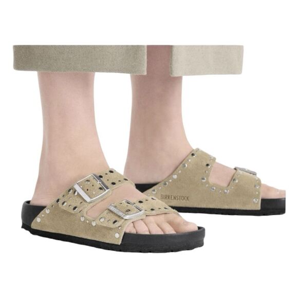 Birkenstock Arizona Rivets Sandals Taupe Suede Leather 40 W9 M7 Narrow - Picture 4 of 11